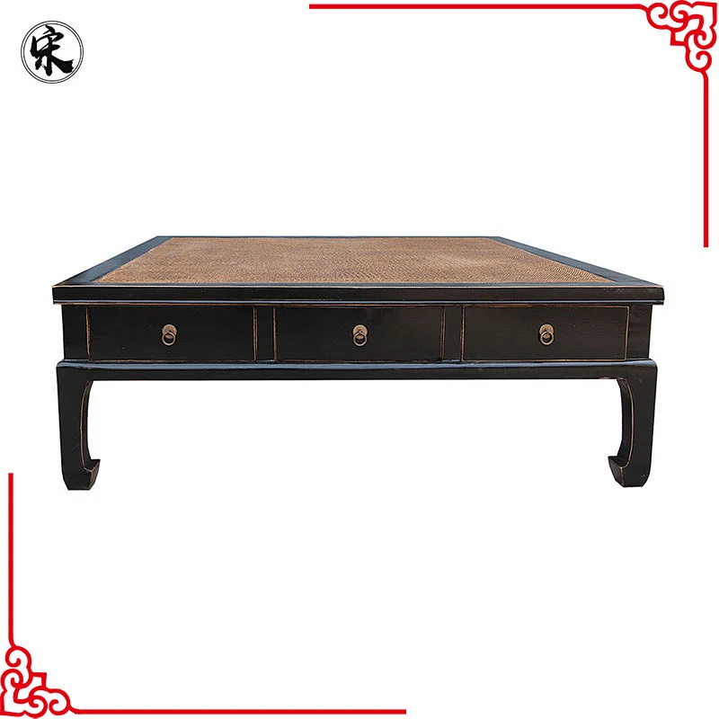 chinese lacquer solid wood pine rattan top coffee table furniture