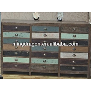 Chinese Antique Distressed Reclaimed Shanxi Elm Wood Colorful Drawers Sideboard Cabinet