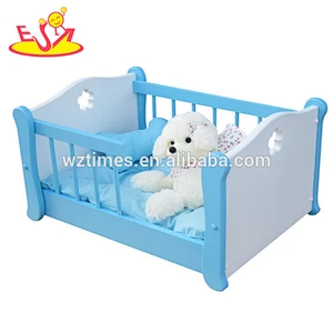 Wholesale top quality wooden blue household pet bed with cotton canvas mattress W06F007B