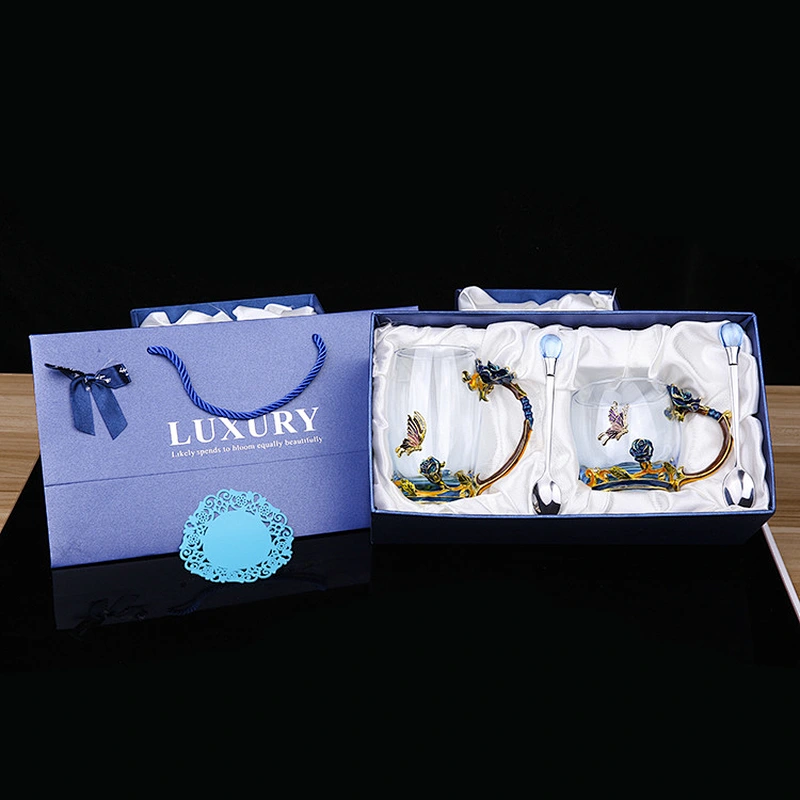 Fancy design enamel rose glass cup with spoon sets 320ml/350ml for gift box package