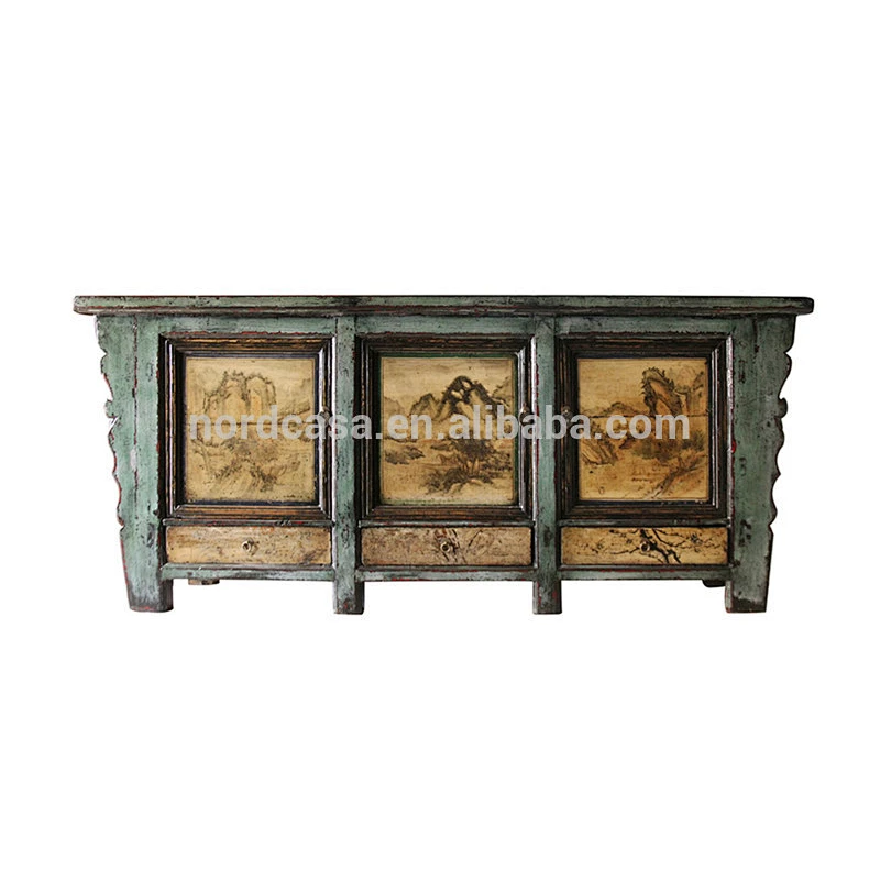 Shiny Old Three Door cabinet chinese sideboard antique light blue frame high glossy asian used furniture cabinet