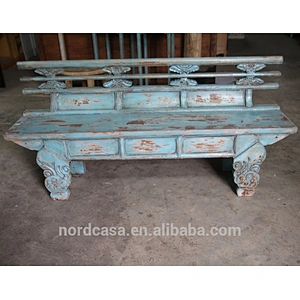 chinese antique style reclaimed wood blue color hand carved long bench