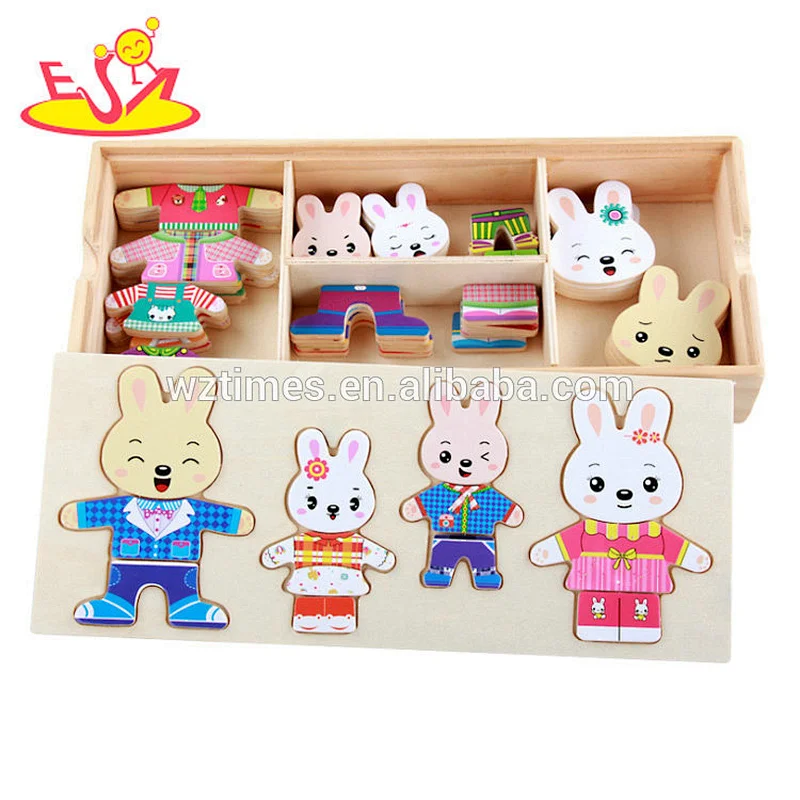 2018The latest hottest fun puzzle cartoon rabbit family wooden toy W14D059.