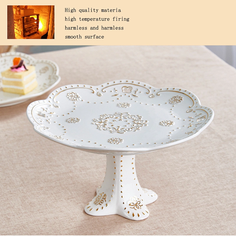 Good Quality Ceramic Tableware Fruit Cake Dessert Dish Customized Logo Pottery High Foot Snacks Plate Gifts
