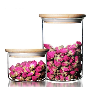 Food-grade quality empty seal glass pot with wooden lid for flower tea