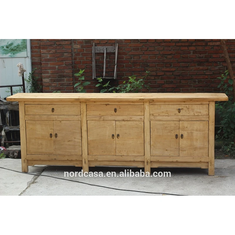 Antique reproduction natural raw sideboard buffet cabinet