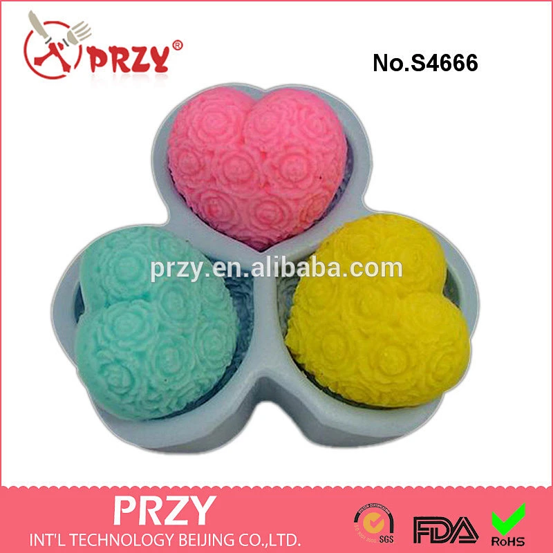 S4666 Heart-shaped Roses soap mold 3 hole heart shaped roses mold for soap making silicone molds