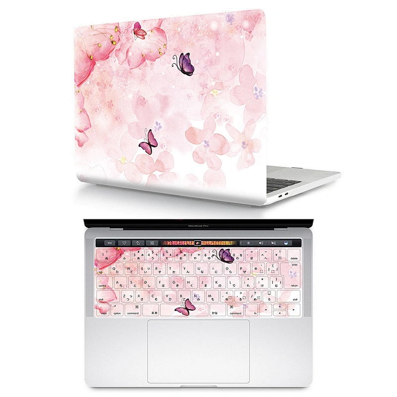 2 In 1 Cherry Blossom clear plastic case custom laptop case pu and Silicone Keyboard Protector for Mac Pro Touch Bar