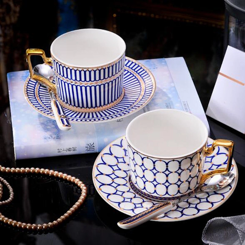 The best price Blue plaid pattern ceramic cup with tray set CE Authentication for afternoon tea