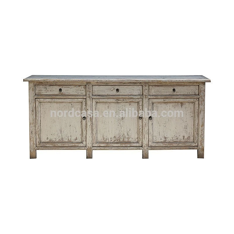 Oriental antique vintage solid wooden white lacquer sideboard distressed cabinet