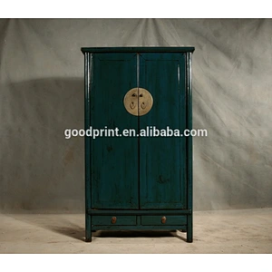 Chinese antique reproduction distressed dark green hotel wardrobe