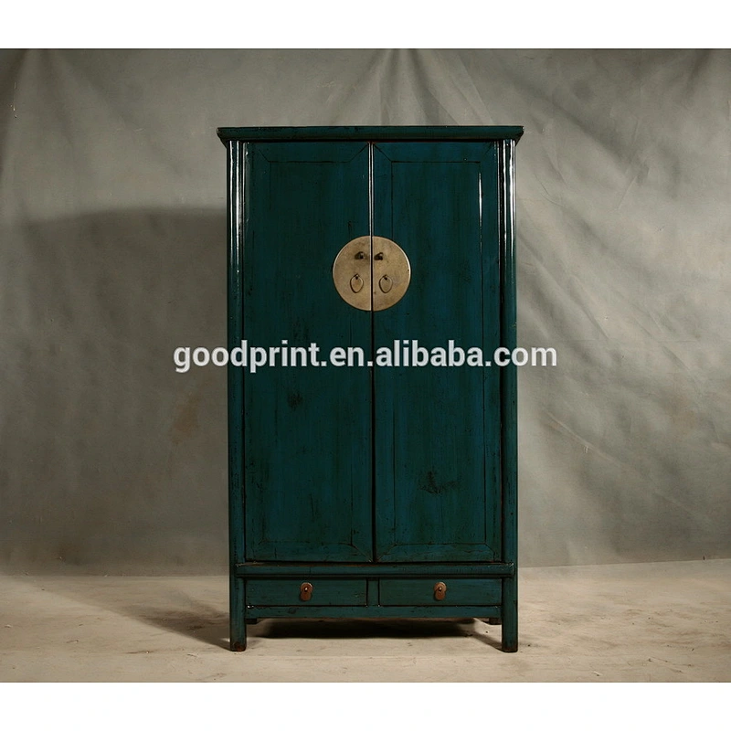 Chinese antique reproduction distressed dark green hotel wardrobe