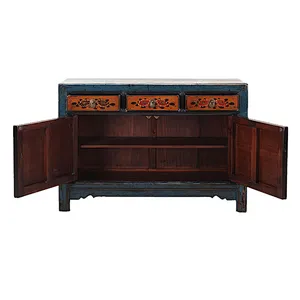 chinese antique furniture blue frame colourful two door three drawer cabinet