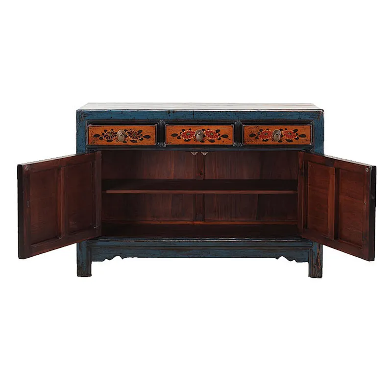 chinese antique furniture blue frame colourful two door three drawer cabinet