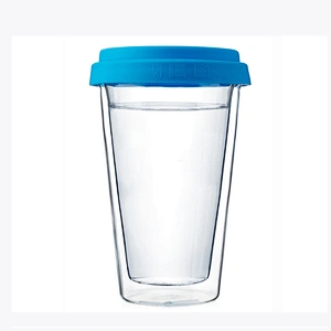 Guangzhou handmade mouth blown double wall glass tea mug with silicone cover heat resistance for home