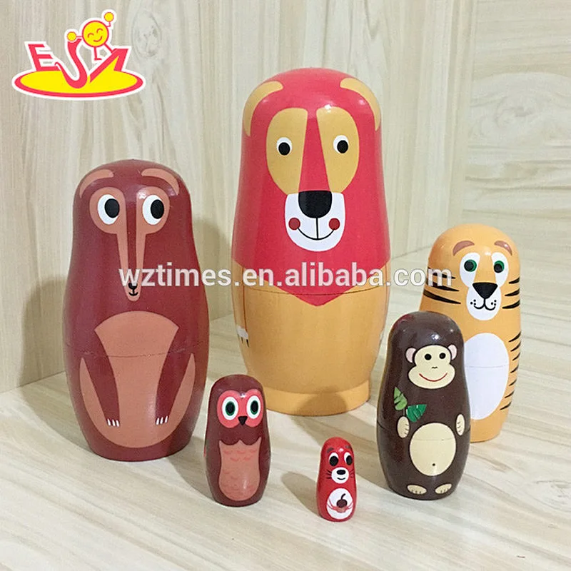 2018 Wholesale hot sales animals design toys 5 pcs handmade wooden russian doll for children W06D101