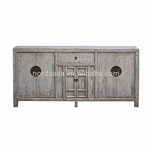 Oriental antique vintage solid wooden white lacquer buffet distressed cabinet