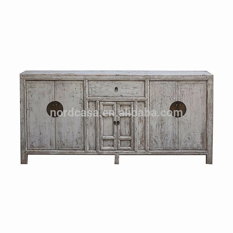 Oriental antique vintage solid wooden white lacquer buffet distressed cabinet