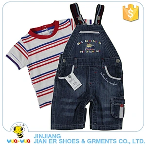 Wholesale summer cotton stripe shirt and cowboy suspenders clothes set for kids boy