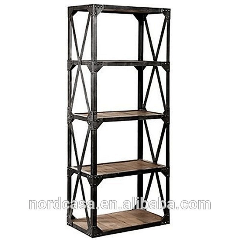Chinese Antique Industrial Recycle Wood and Metal Bookcase
