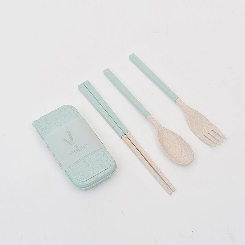 New Style in Stock Restaurant Goods Wheat Straw 3-Piece Spoon Chopsticks Fork Utensil Set Portable Camping Tableware Set