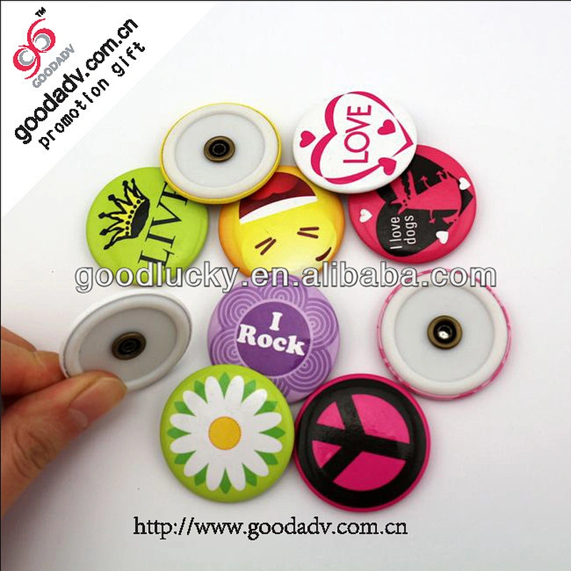 Round custom tin badge for clothes with safety pin and cardboard