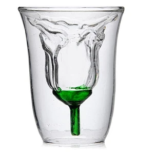 China manufacturer double wall reusable glass beer/coffee cup with rose shape