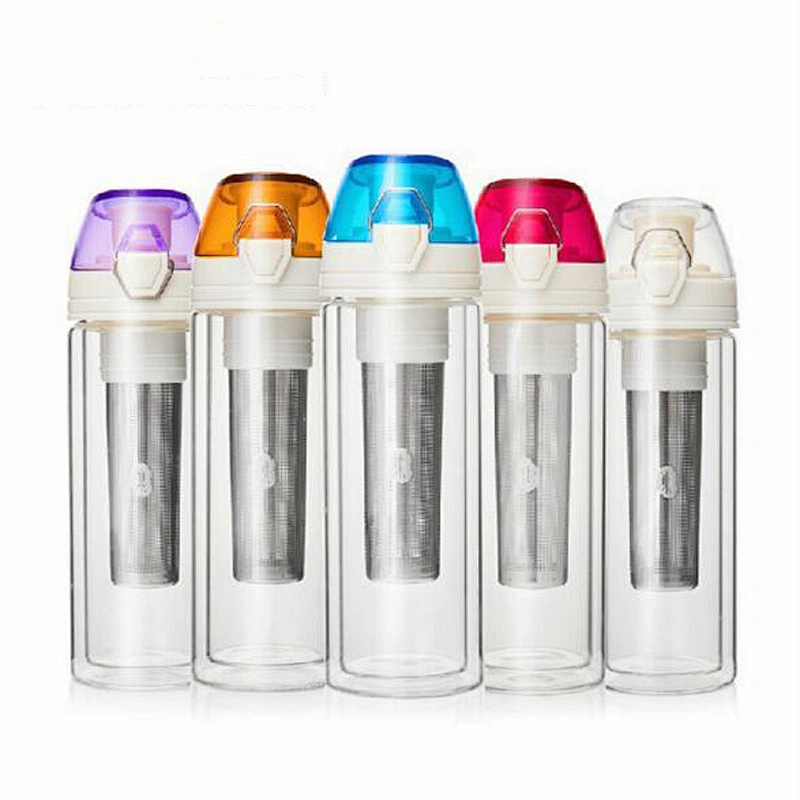 Double layer teacup with stainless steel detachable tea strainer and PVC cover cup for travel bottle