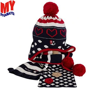 Wholesale New Design Kids Knitted Hat And Scarf Sets Pom Pom Winter Beanie Hat Scarf Set