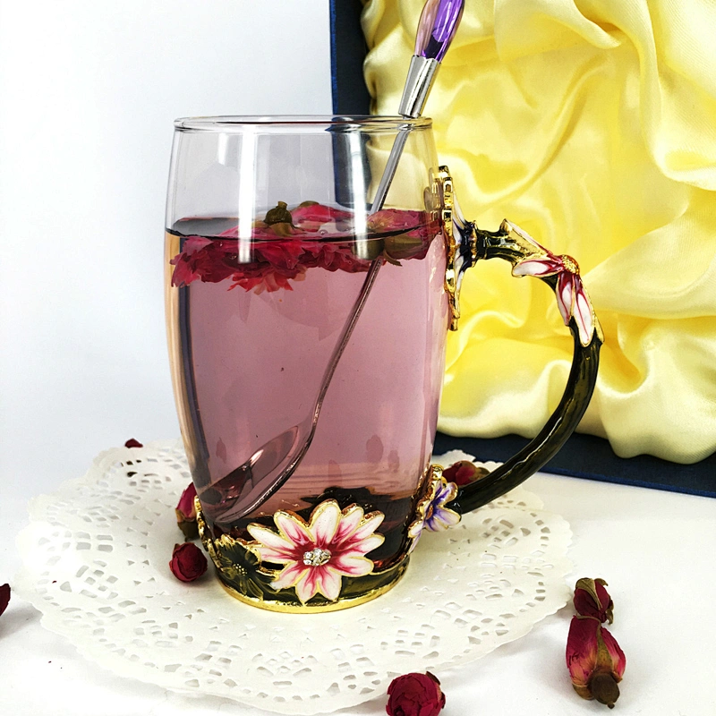 Magnificent decorate flower engrave cup enamel glass cup with metal handle for flower tea