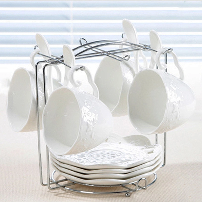 Elegant white carving pateern design combined cup+dish sets for afternoon tea