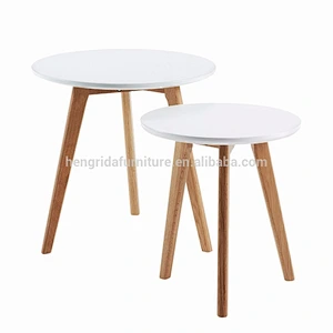 scandinavian small round solid wood white oak end table 2 set with white MDF top