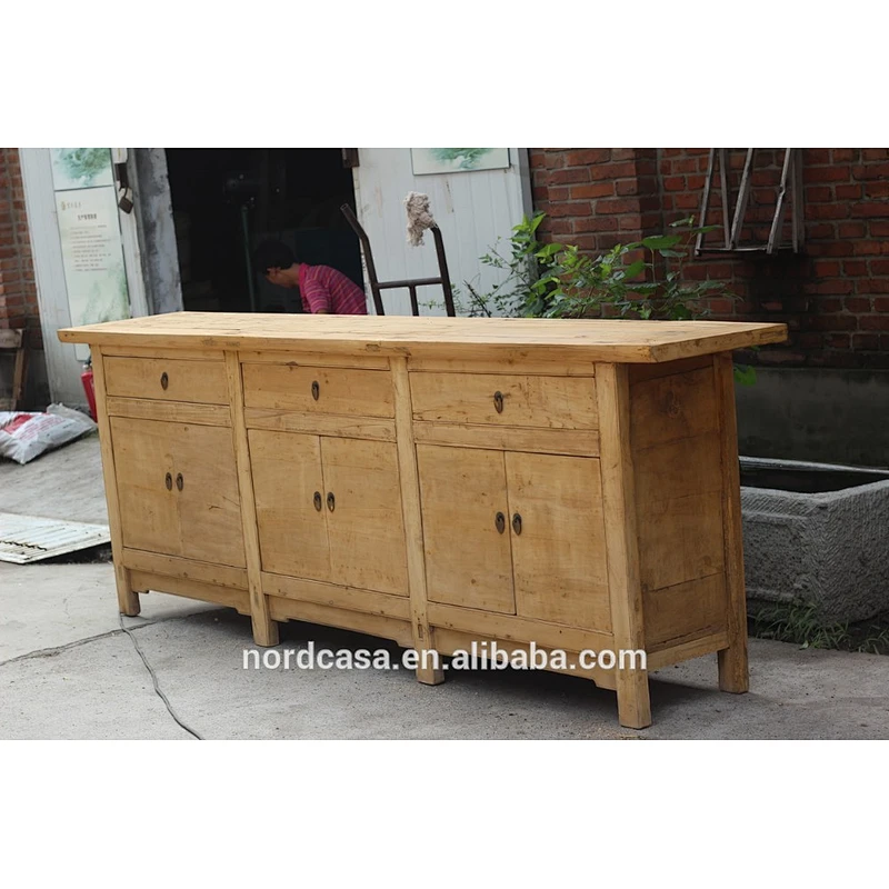 Antique reproduction natural raw sideboard buffet cabinet