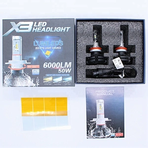 3 color X3 50W Fanless Auto Car Light H7 HB2 9008 H4 H11 H16 9004 9007 9005 9006 H1 H3 HB3 HB4 ZES LED Headlight Bulb Kit