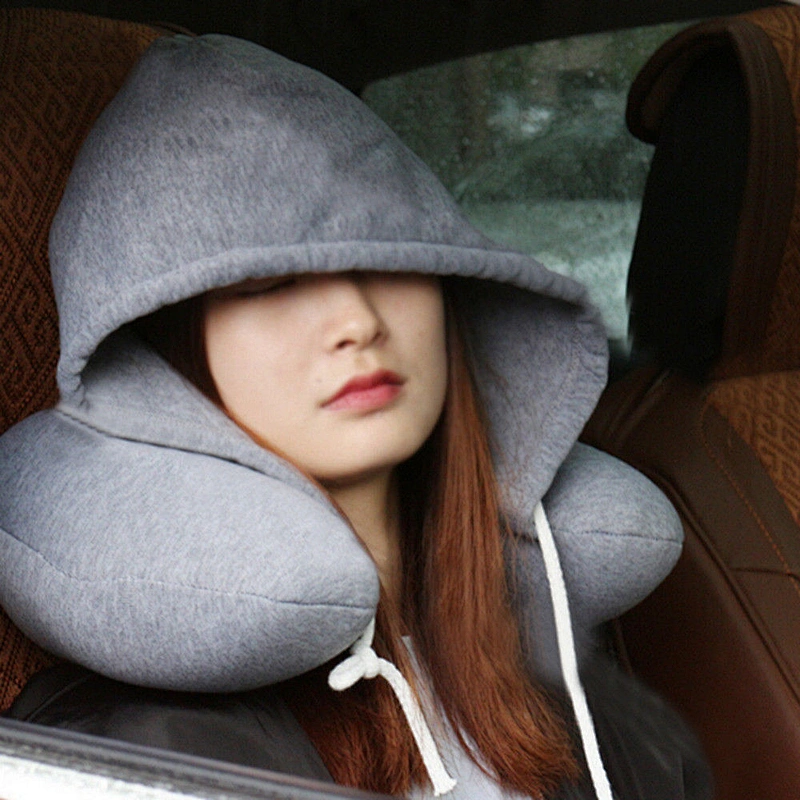 Hooded Travel Pillow Neck Memory Foam U Shaped Support Head Rest Airplane Car