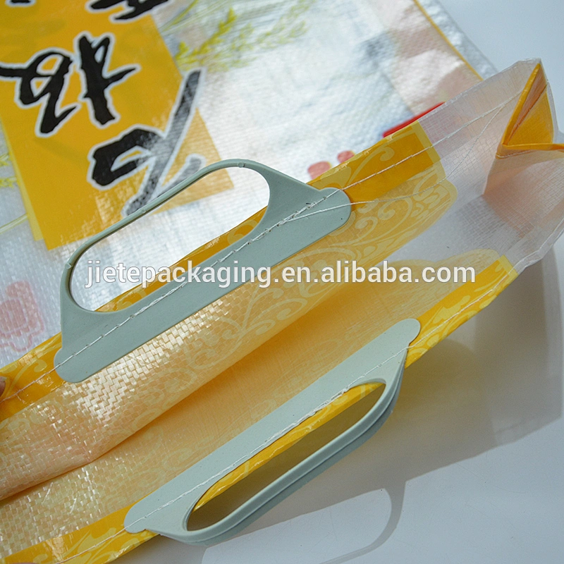 Transparent plastic PP woven bag for 15kg rice with printing, handle, lamination