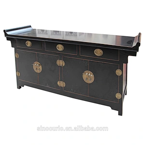 Antique oriental reclaimed wood black lacquered luxury replica sideboard cupboard