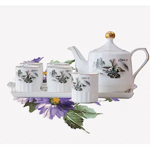Hot Sell Ceramic Tea Cup Set High Quality Pearl Kettle Tea Pot Set New Design with Tray Customized Logo Flower Tea Pot
