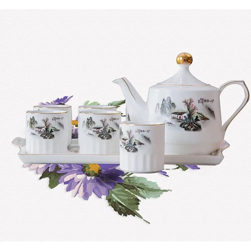 Hot Sell Ceramic Tea Cup Set High Quality Pearl Kettle Tea Pot Set New Design with Tray Customized Logo Flower Tea Pot