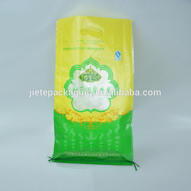 Bopp PP woven rice bag for sale with yellow and green color printing and handle