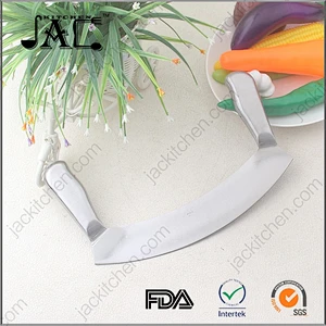 Hot Stainless Steel Double Handle Crescent Chopper Blade Mezzaluna Knife