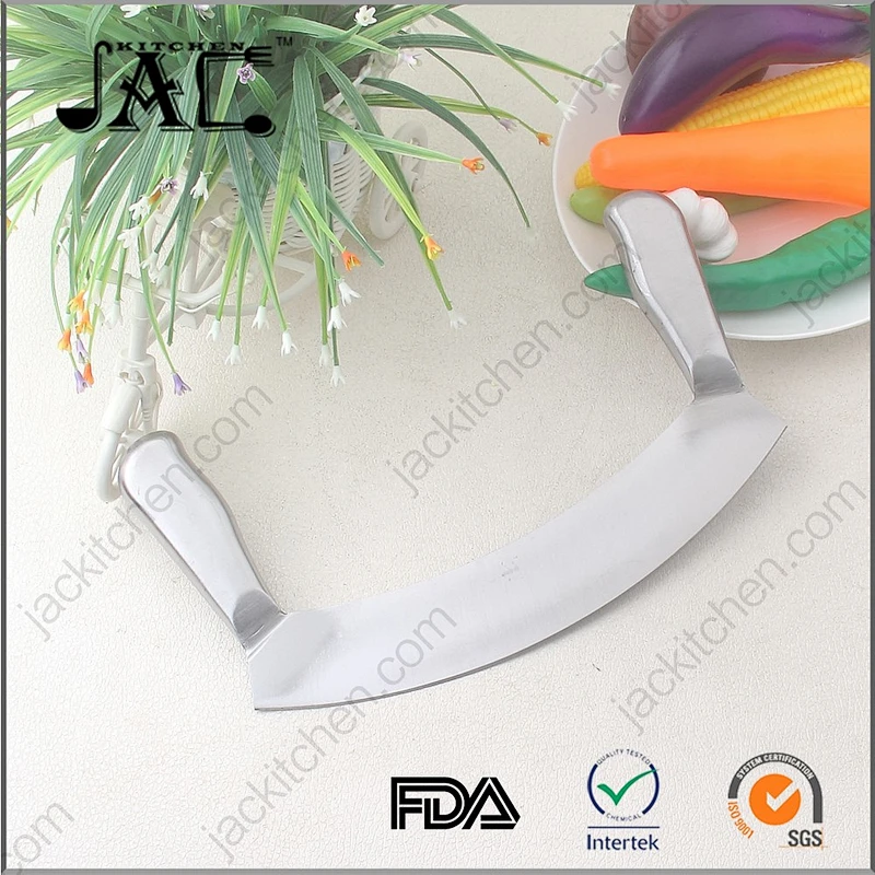 Hot Stainless Steel Double Handle Crescent Chopper Blade Mezzaluna Knife