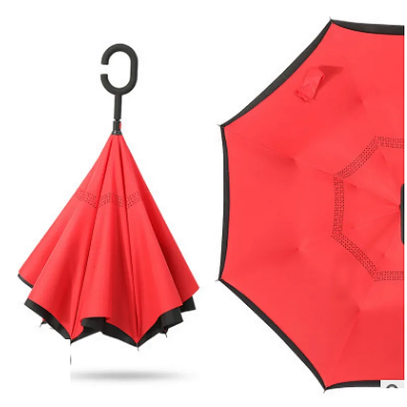 Reverse Folding Double Layer Inverted Umbrella And Self Standing Inside Out Rain Protection Umbrella With C Handle