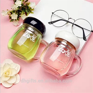 High Borosilicate Glass Water Bottle Portable Cute Style Tea Can Water Cup with Lid for Couple