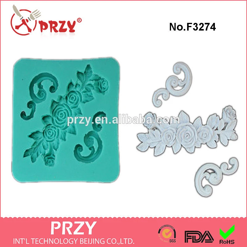 F3274 Vintage Flowers and Swirls Silicone Mold Sugarcraft Cake Decorating Fondant fimo mould