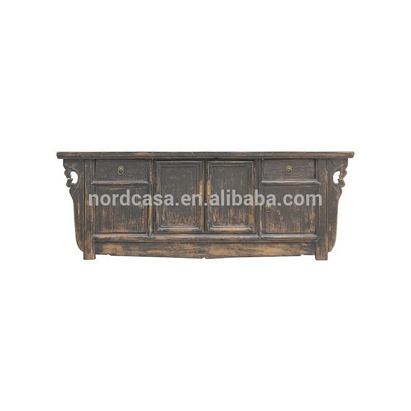 Oriental antique vintage solid wooden black lacquer buffet distressed cabinet