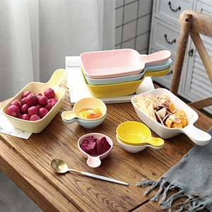 Customized Logo Tableware European Style Ceramic Handle Bowl Rectangular Square Home Fruit Salad Bowl 5.5 inch