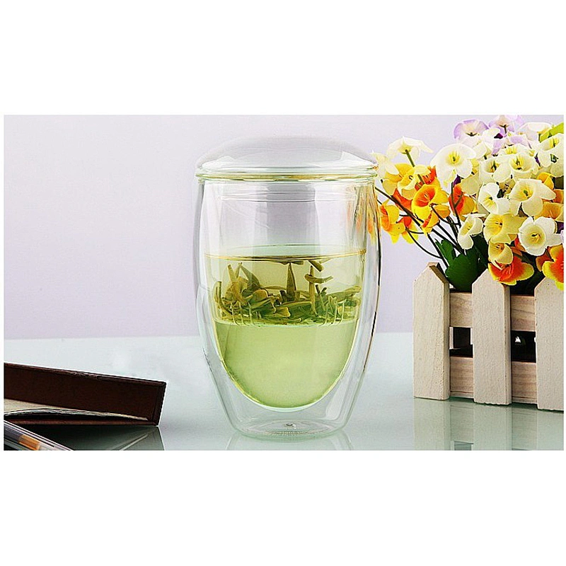 Professional glass factory glass cup with glass lid egg shape 12oz for tea drink