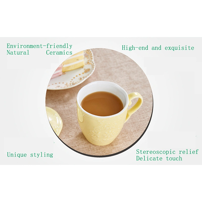 Fashionable carve pattern porcelain water cup with lad and spoon large capacity for drinking
