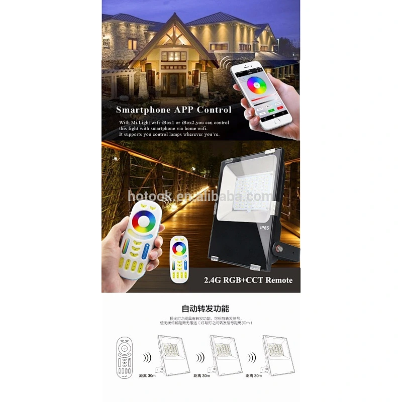 Wireless RF Remote Control IP65 10W 20W 30W 50W RGB+CCT Color Changing LED Floodlight